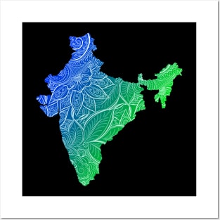 Colorful mandala art map of India with text in blue and green Posters and Art